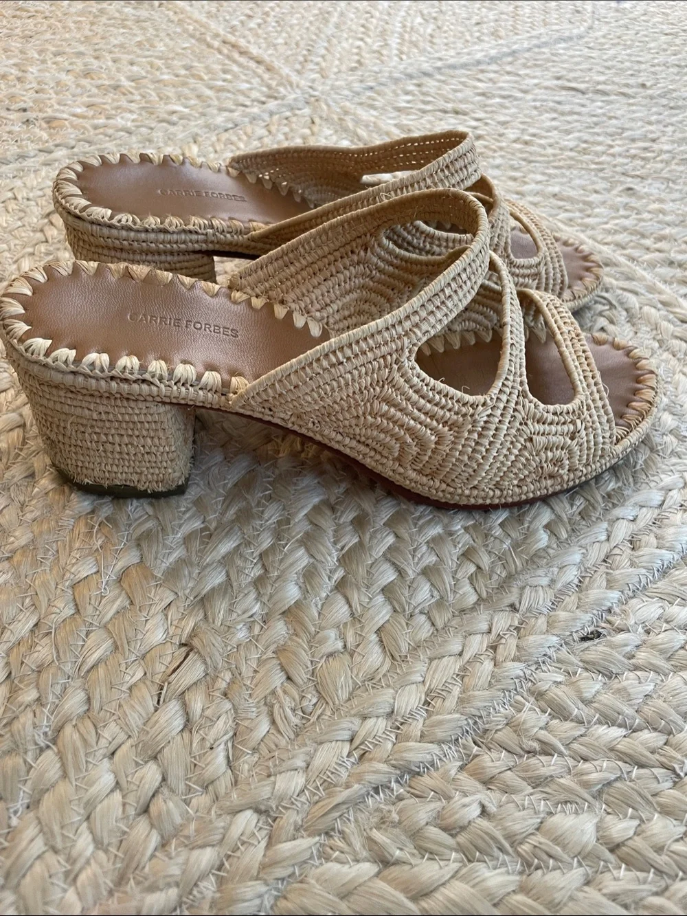 Woven Three-Strap Slide Block Heel Sandals in Natural Beige